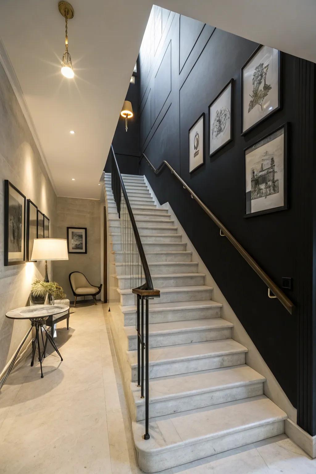 A stairwell metamorphosed with an ebony accent wall, heightening its presence as a design attribute.