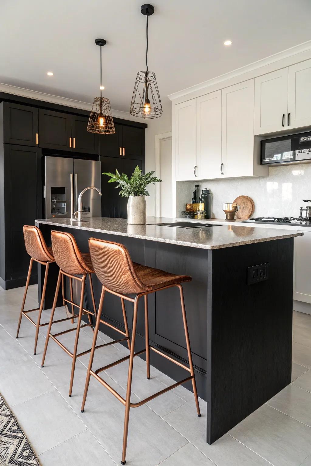 Bronze bar stools add a chic touch to a modern black kitchen.