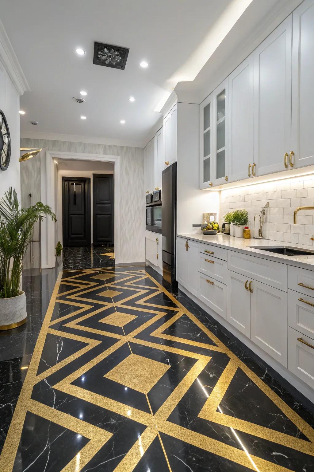 Dark and gilded flooring creates a declaration within this kitchen.