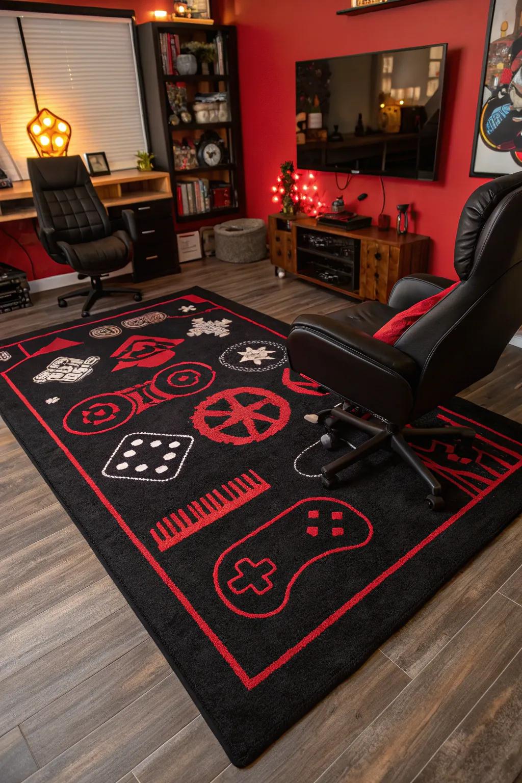 A surface covering is styled using gaming images and features a comfy essence for gaming setup.