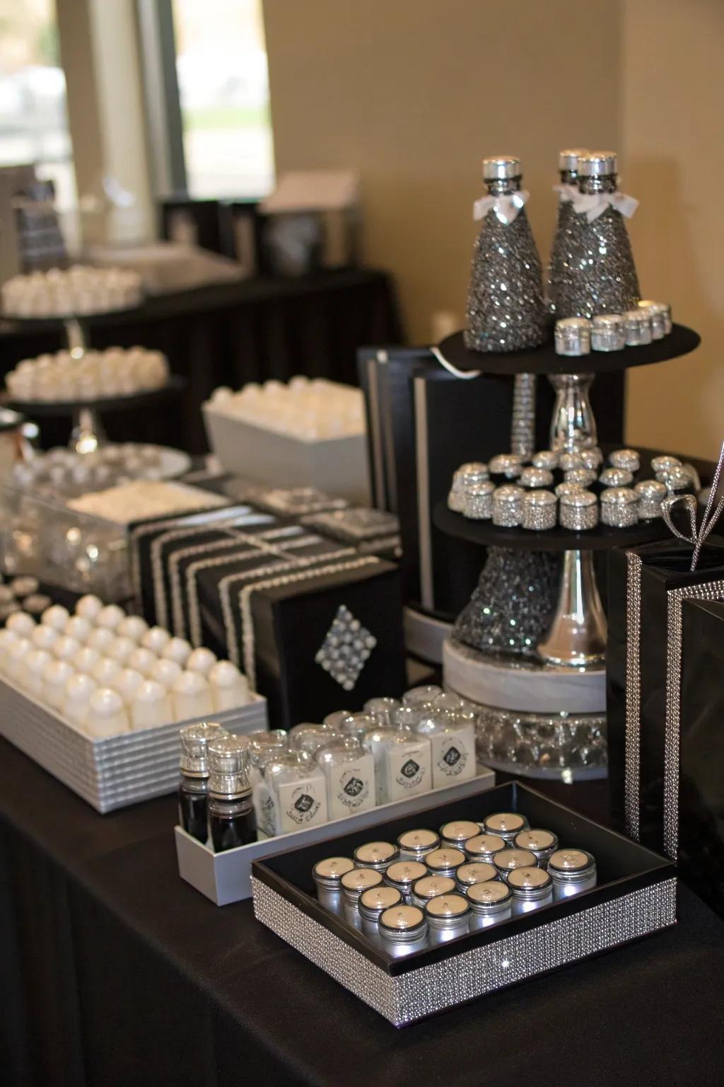 Thoughtful party favors in a stylish noir and argent theme.