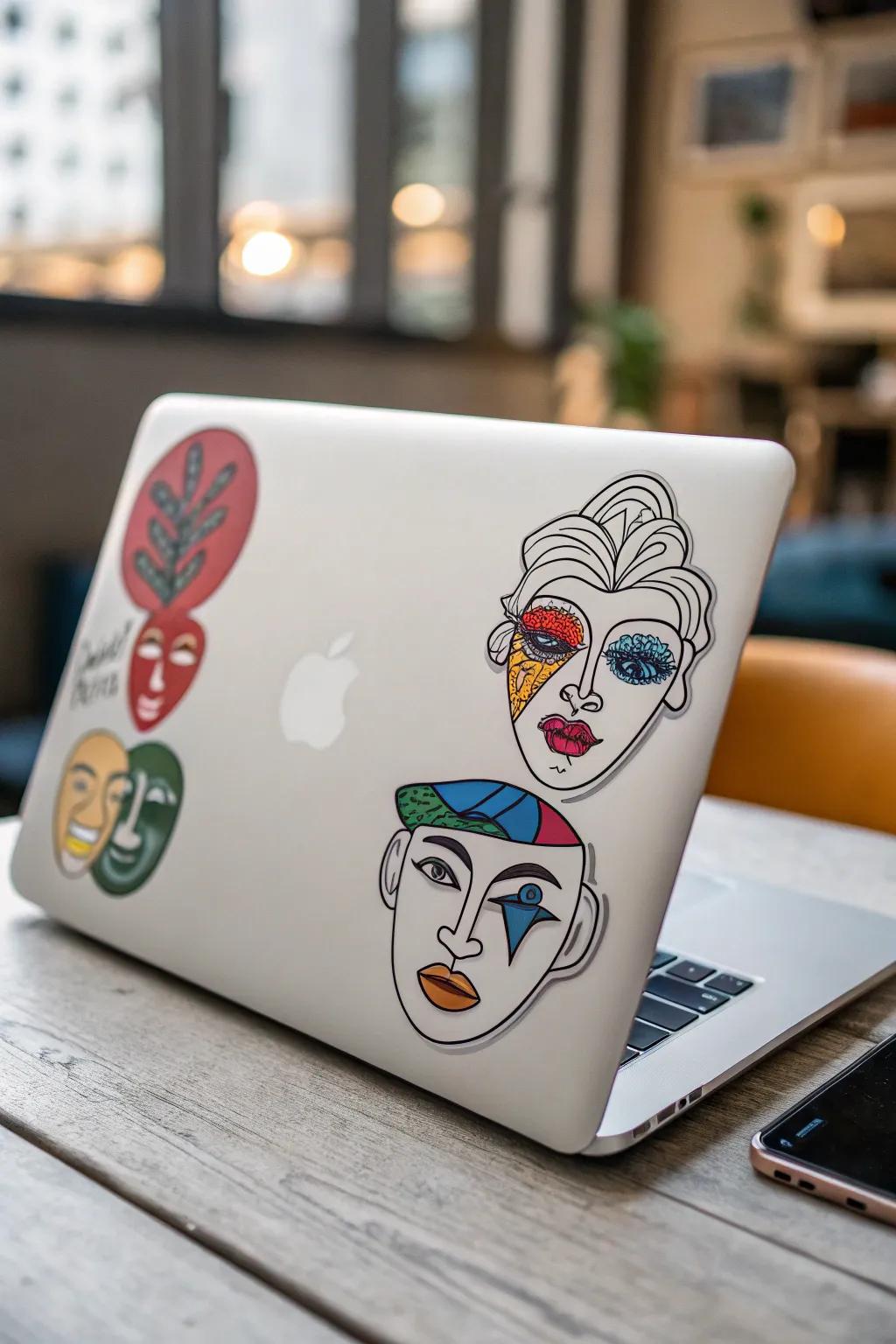 Artistic face stickers transforming a laptop into a style statement.