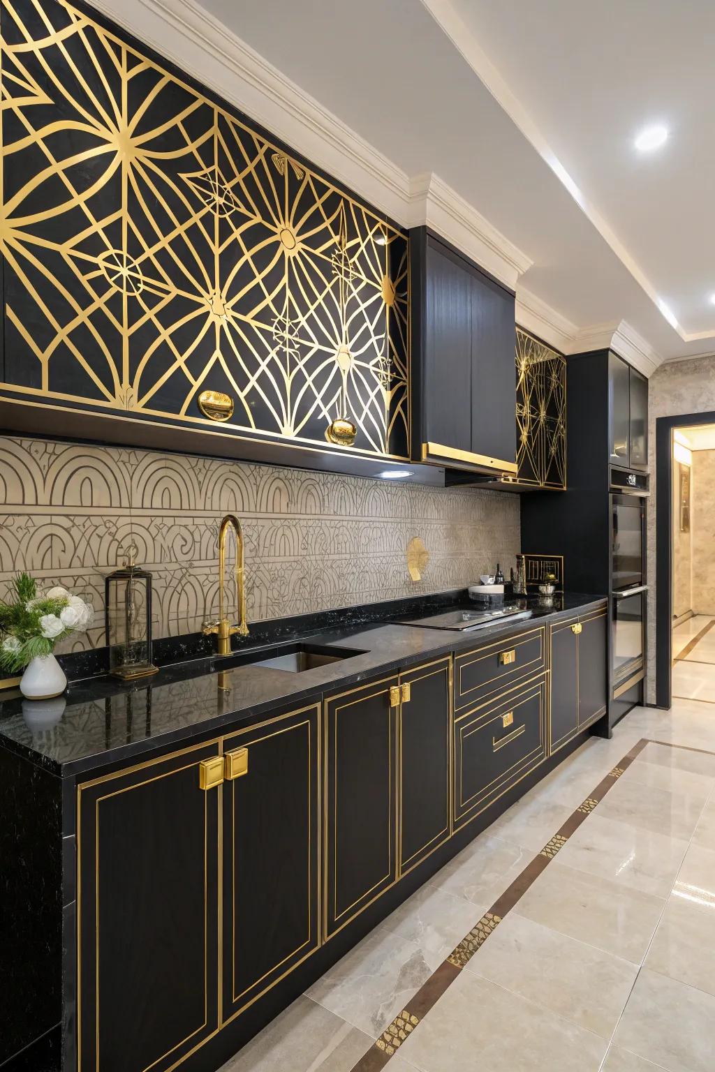 Art Deco style with ebony countertops and gilded highlights.
