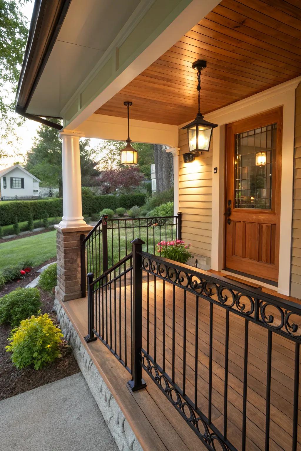 A natural timber crown rail adds warmth to black metal railings.