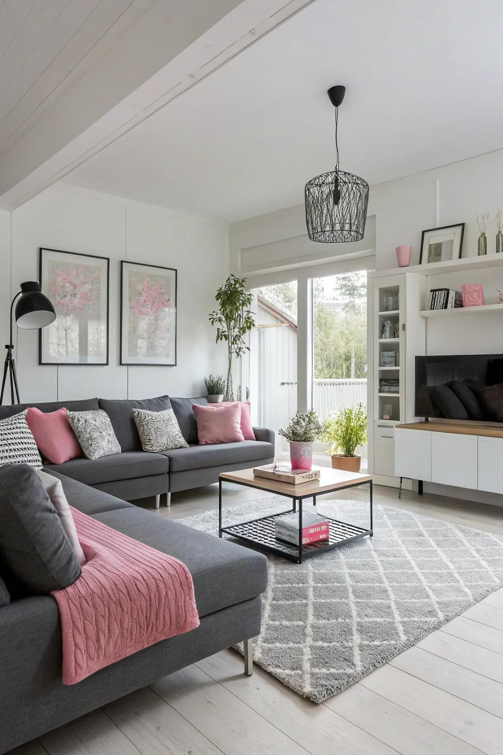 Nordic simplicity with rose highlights creates balance and serenity.