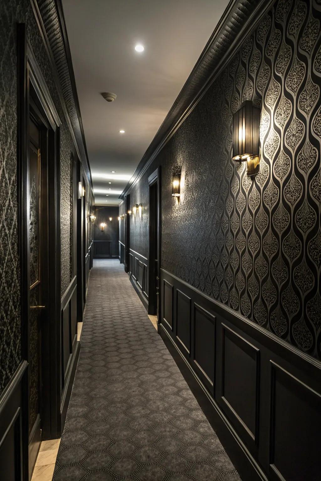 Defined walls introduce dimension and intrigue to a black hallway.
