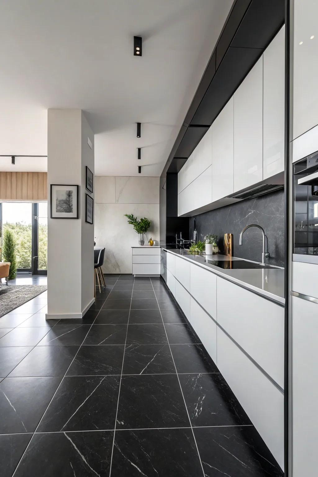 A monochrome kitchen where dark floors cultivate a cohesive design.