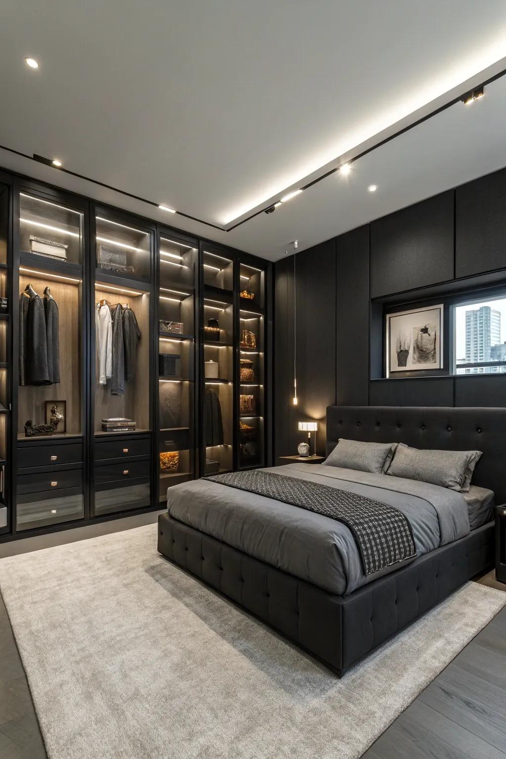 Integrated storage keeps your black bedroom streamlined and uncluttered.