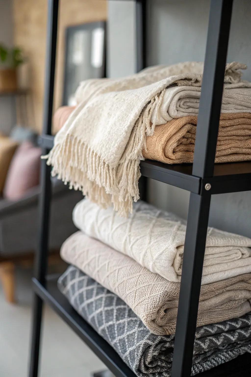 Textiles infusing a black shelf with a cozy, gentle touch.