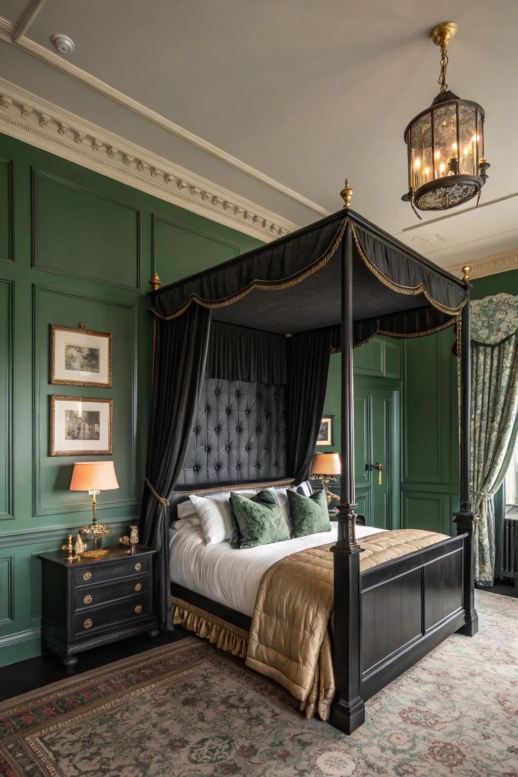 Black paneling paired with green walls for a classic look.