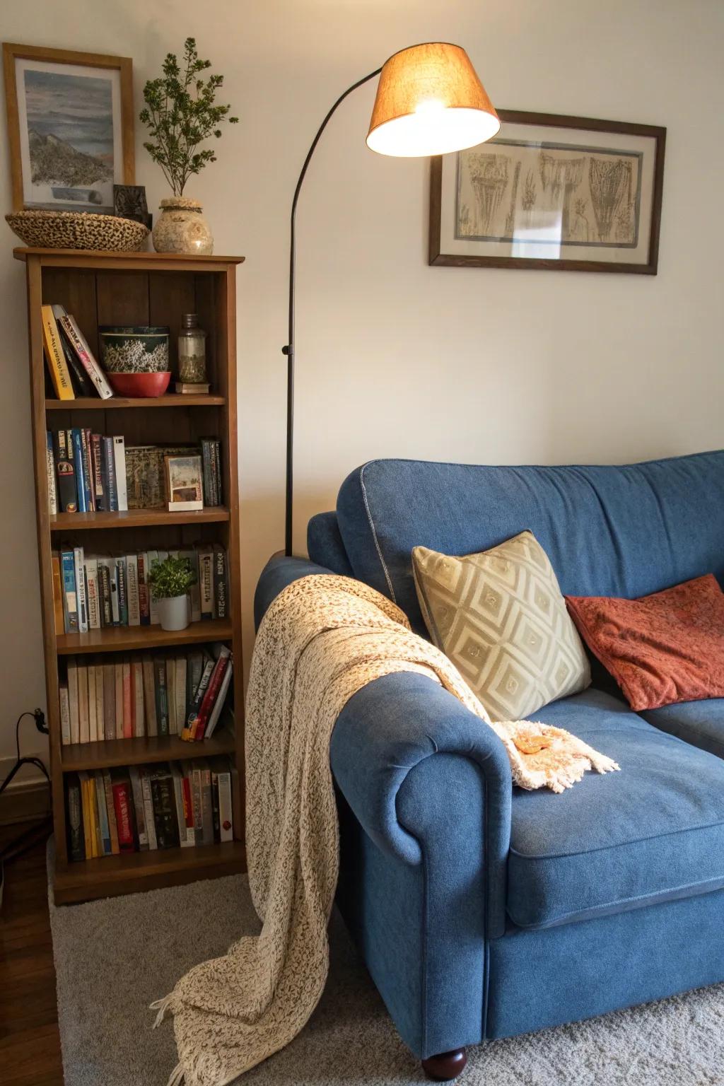The living room offers a tranquil haven in the form of a reading nook.