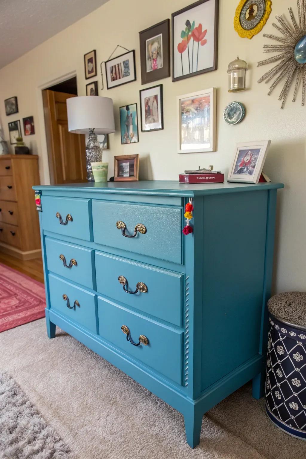 A blue dresser displaying varied hardware for a distinctive aesthetic.