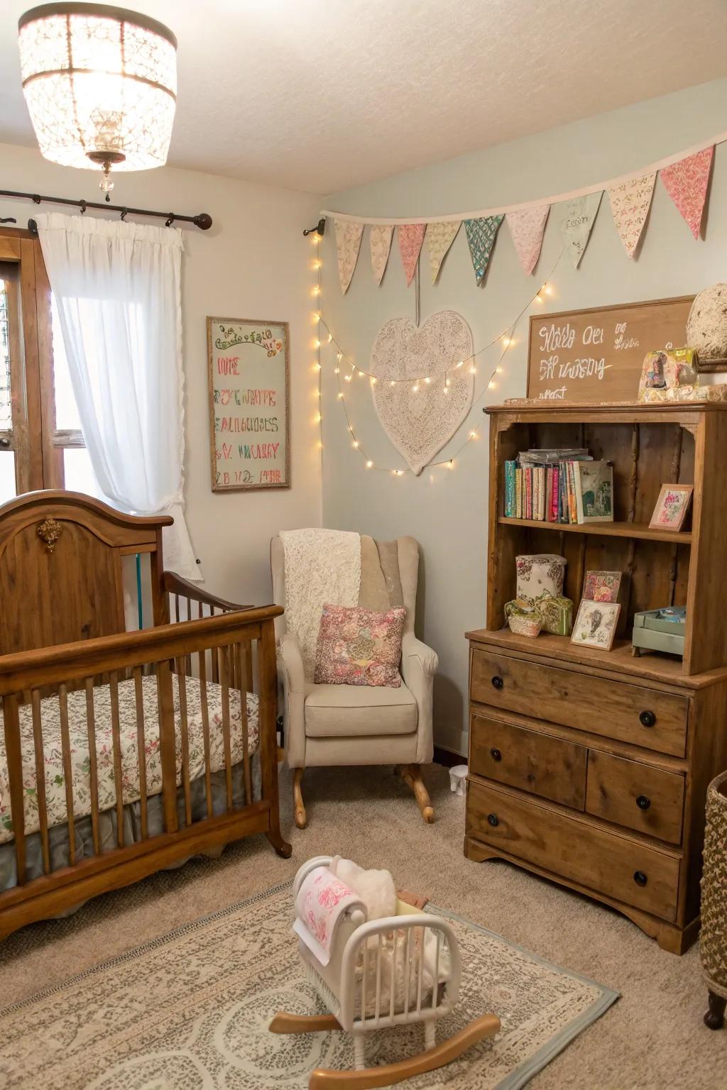 Repurposed furniture adds character and sustainability.