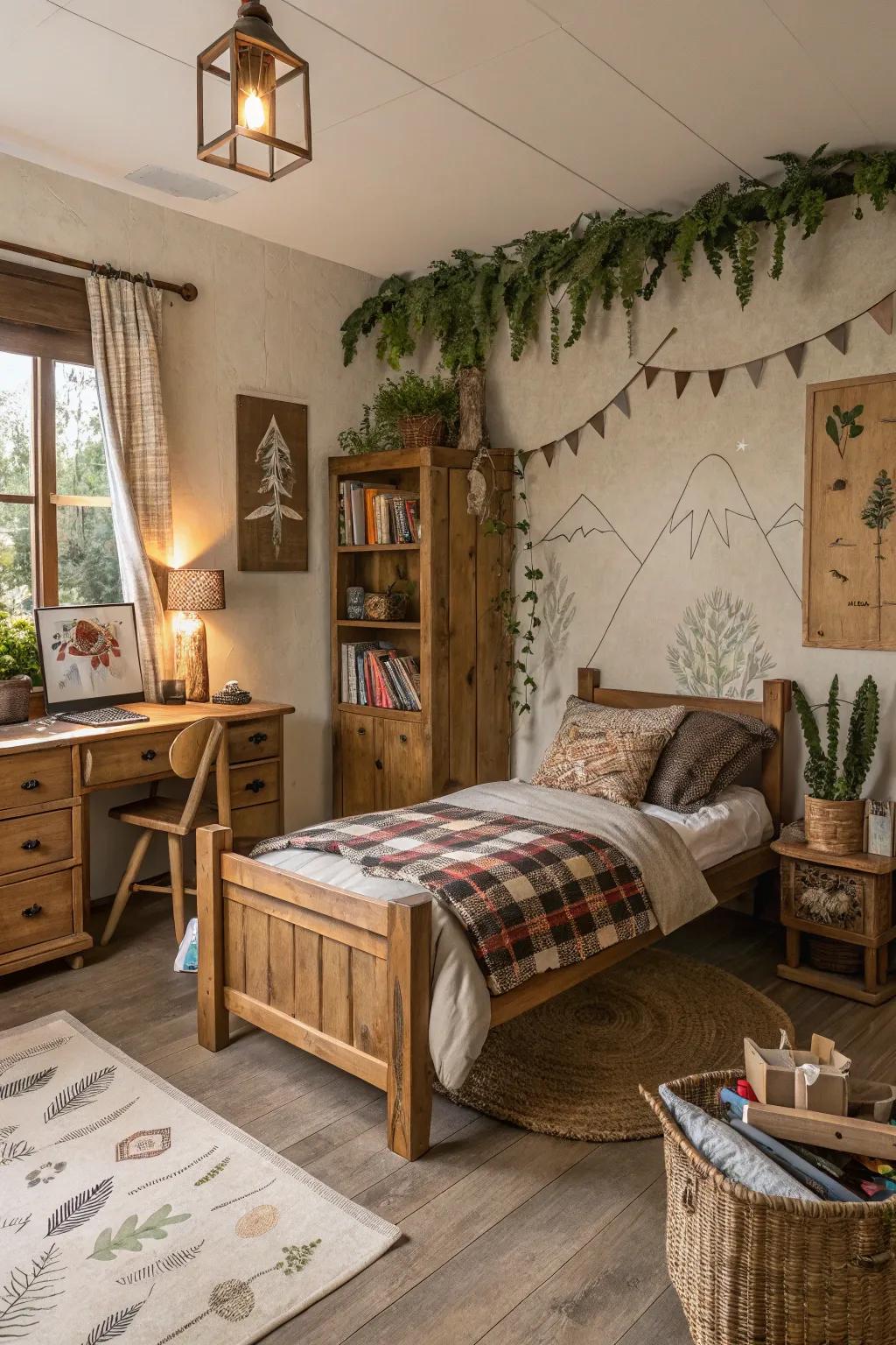 Rustic earth tones create a cozy, grounded retreat.