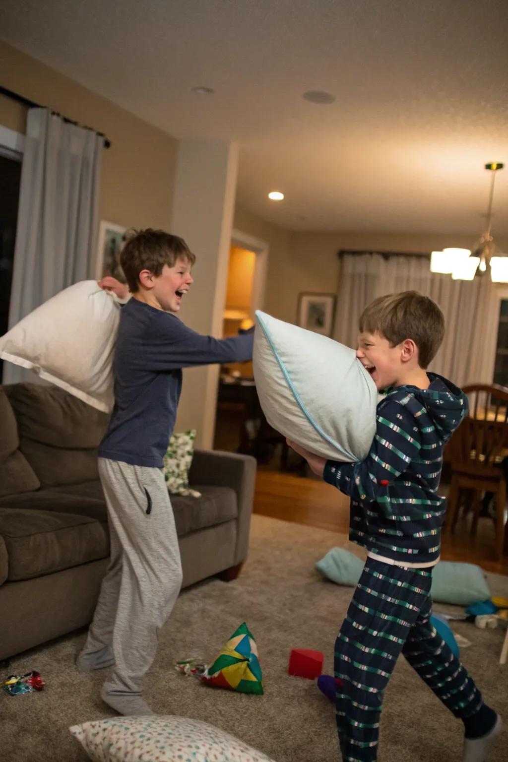 A cushion sparring competition enhances excitement and laughter.