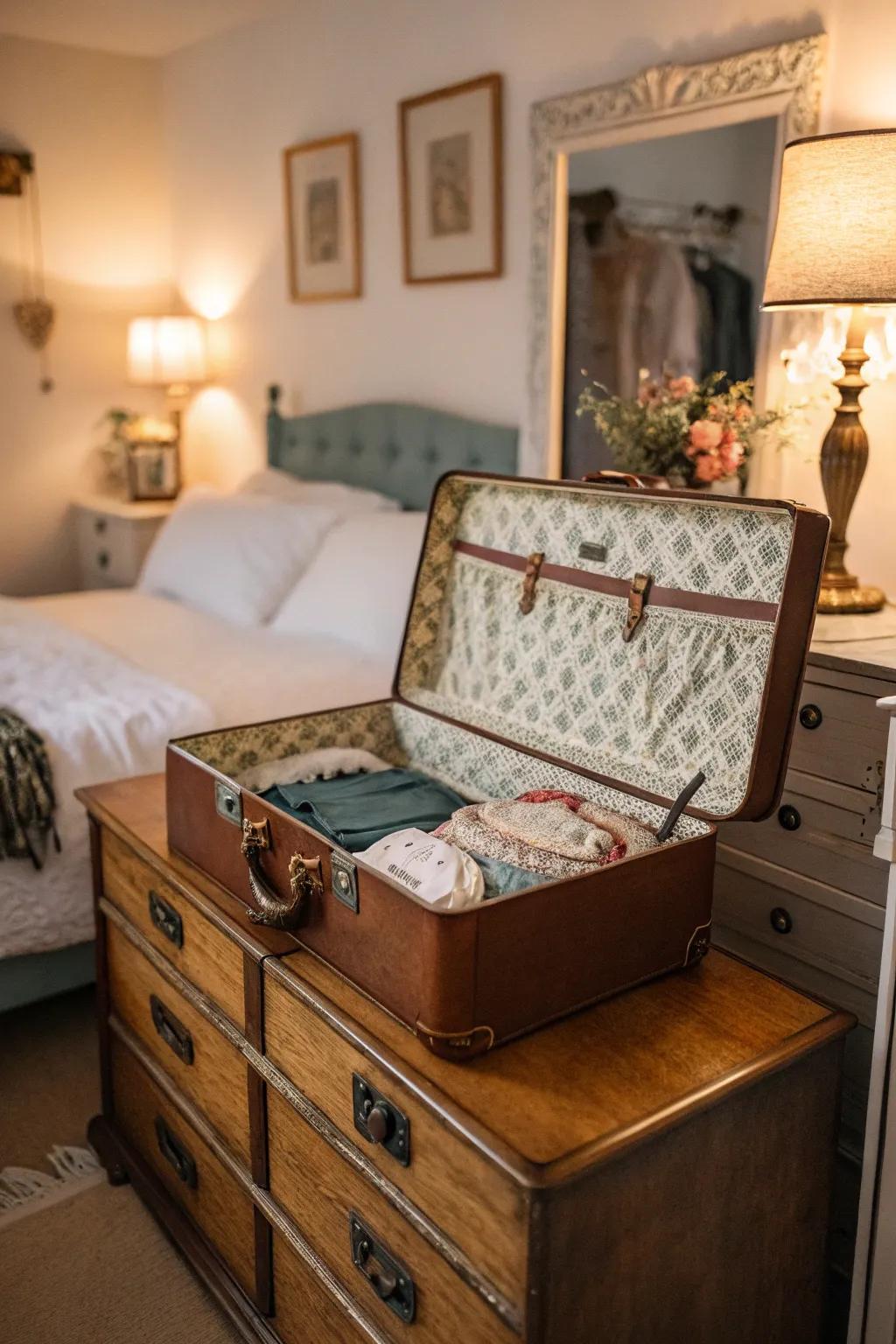 Incorporate character through an antiquated valise for undergarment storage.