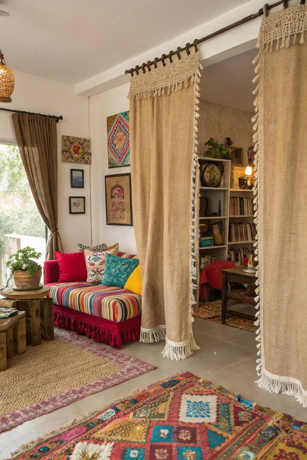 Playful texture with brush-edged burlap drapes.