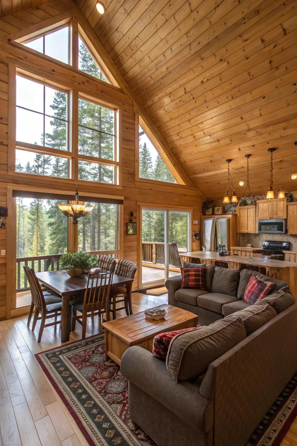 An open arrangement enhances the sense of space and connection in this cabin.
