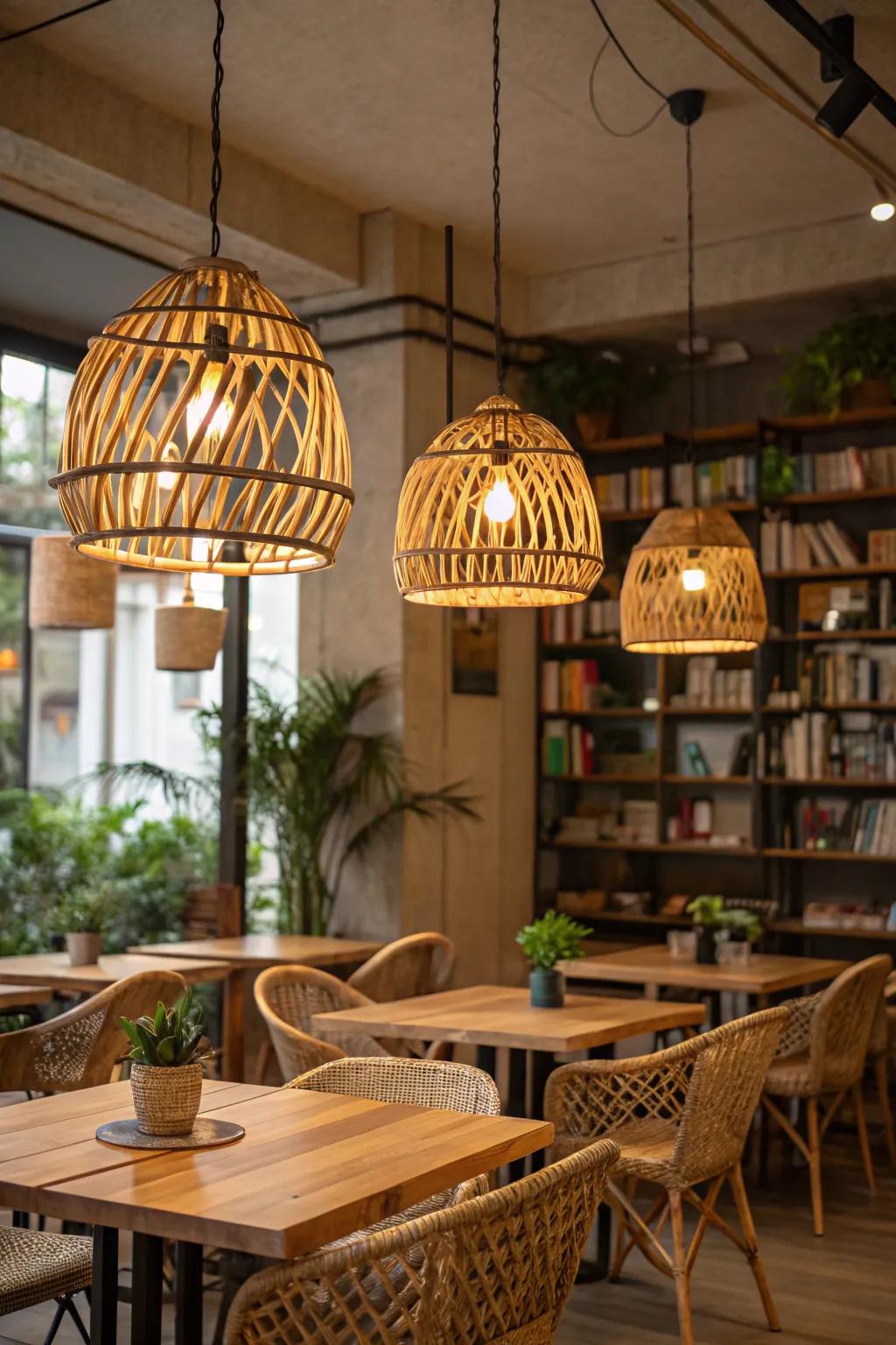 Natural material light installations, such as bamboo, add coziness and style to a café.