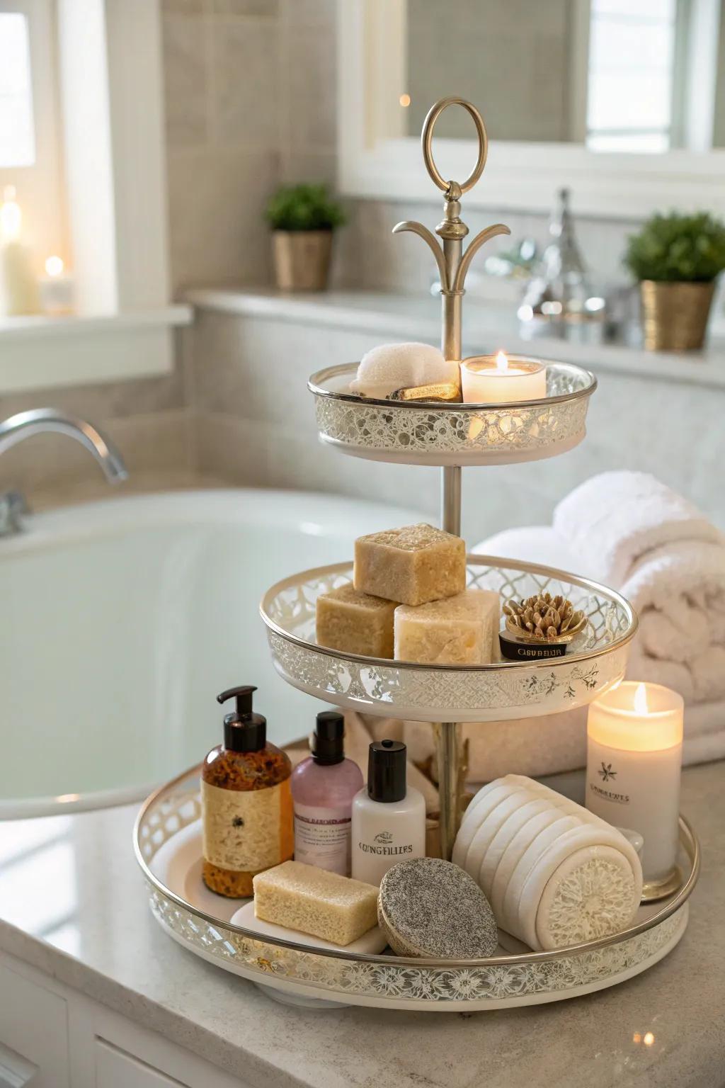 Show bathroom products with the aid of an elevated base.