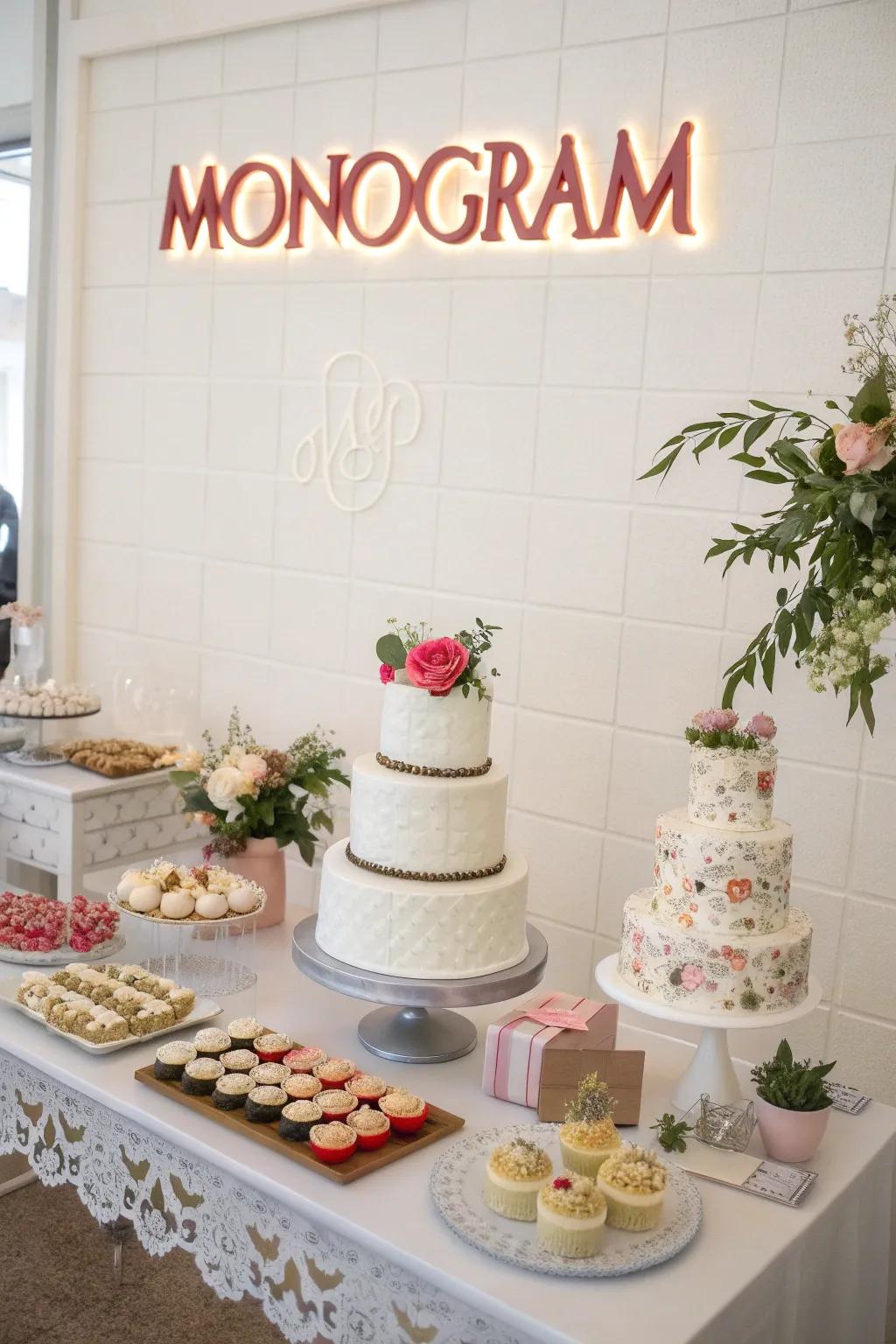 A cake display featuring a monogram background, injecting a personalized and contemporary attribute.