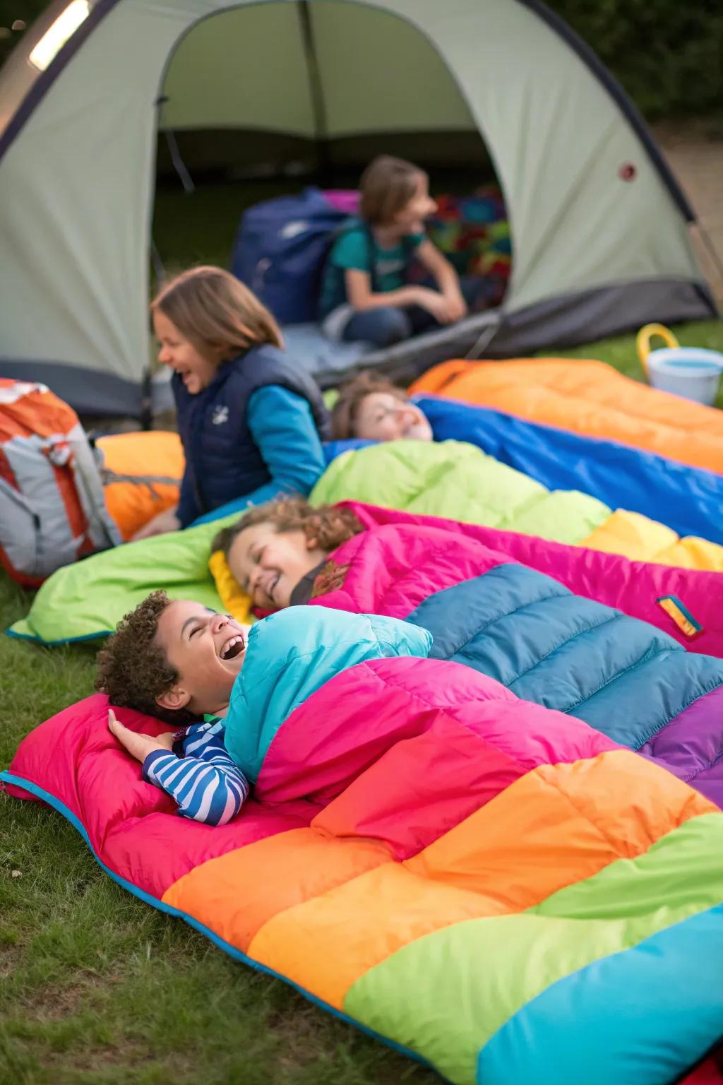 Slumber receptacles displaying vibrant hues augmenting an intimate camping ambiance.
