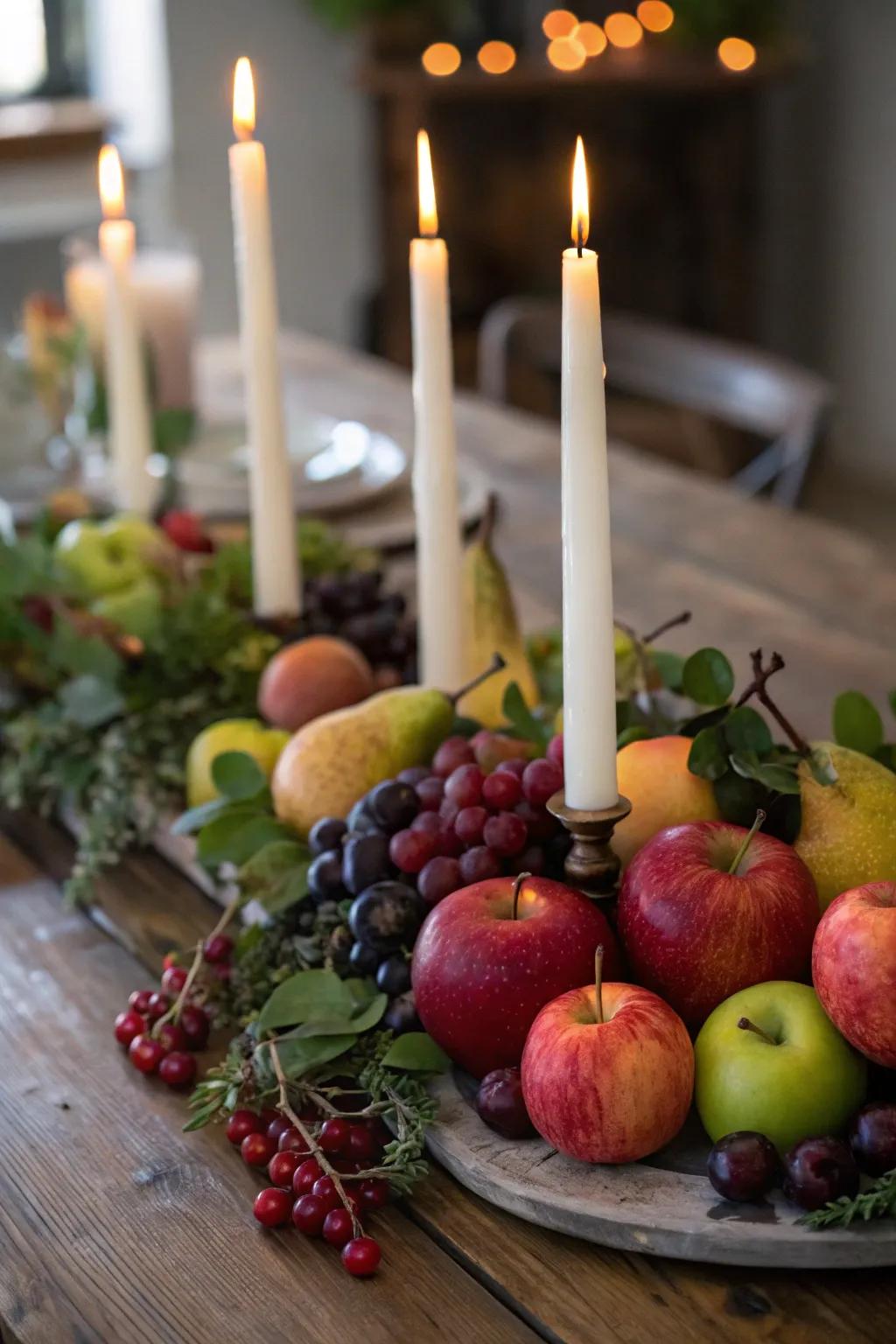 A spirited centerpiece amalgamating lights and seasonal fruits.