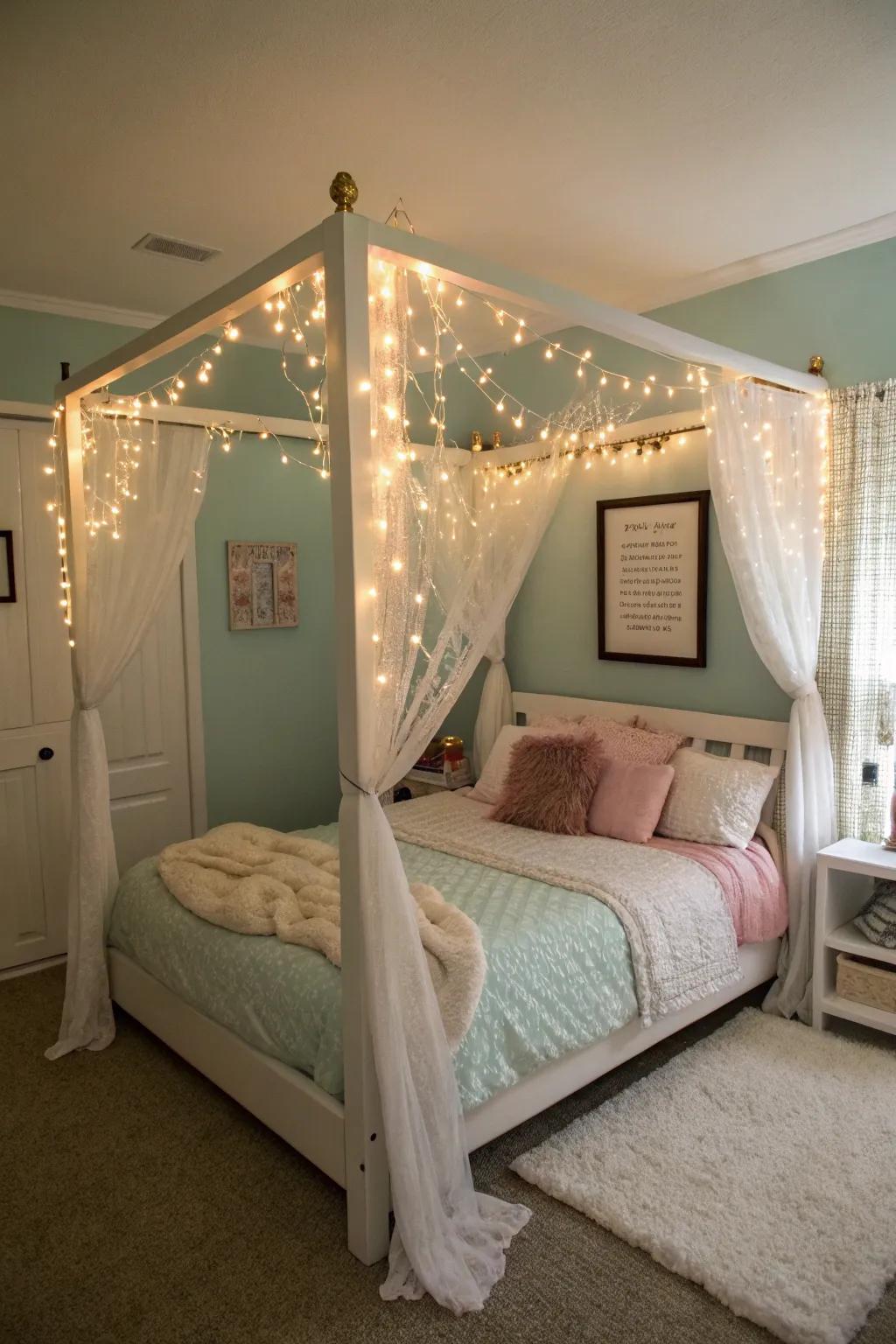 Integrated illumination within a four-poster bed enhances functionality and style.