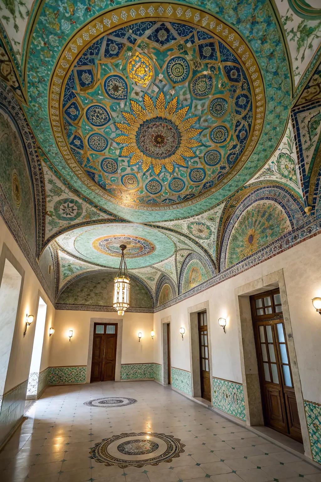 A locale exhibiting a mosaic ceiling that functions as a mesmerizing artistic attribute.