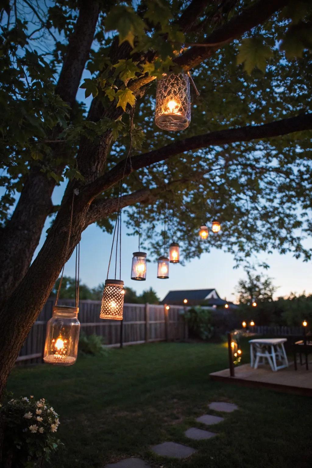 Mason jar lanterns impart a whimsical glow to your garden.