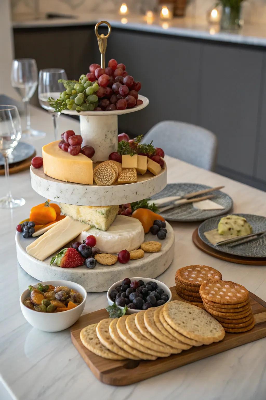 A cheese board designed with tiers for depth.