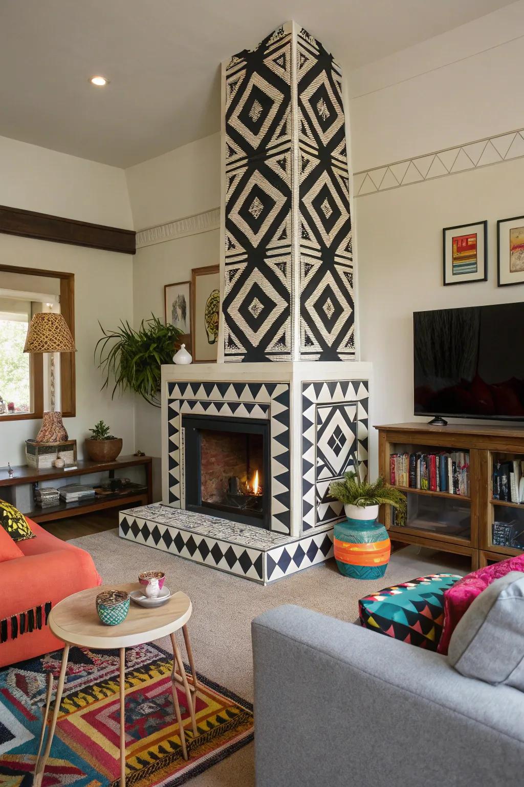 Geometric tessellations inject artistic flair, rendering the chimney a veritable masterpiece.