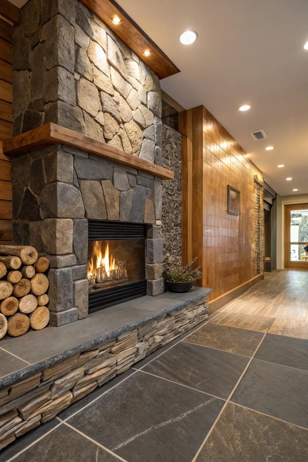 Stratified textural characteristics enveloping the hearth engender sumptuous visual intrigue.