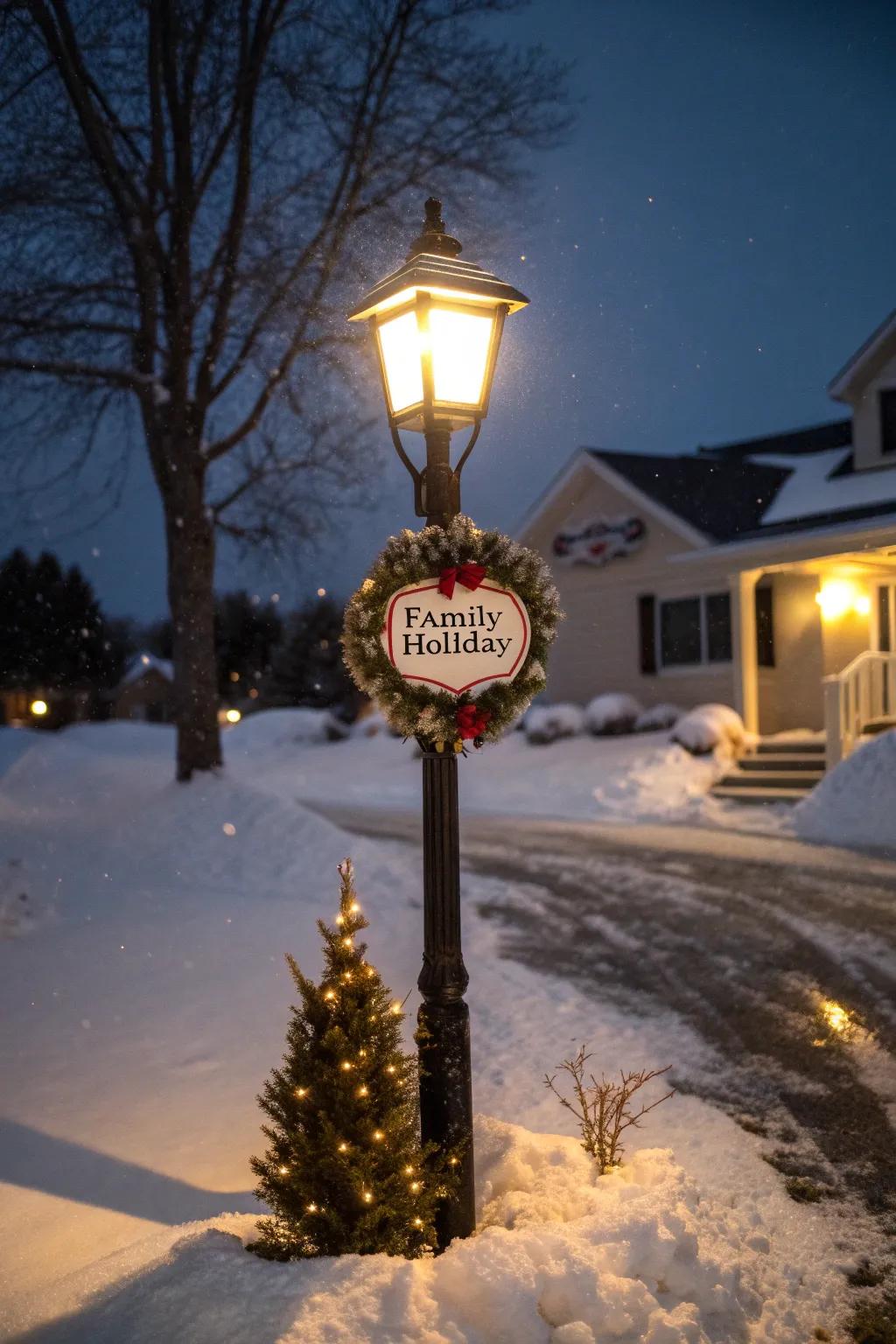 A unique personal message shares festive delight on a lamp post.