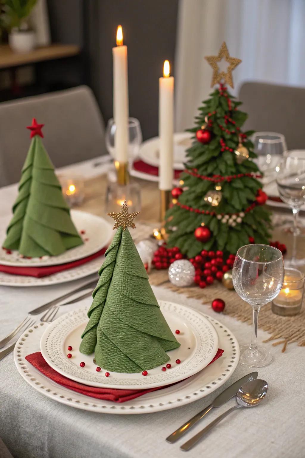 Textiles folded as Christmas trees bring celebratory cheer.