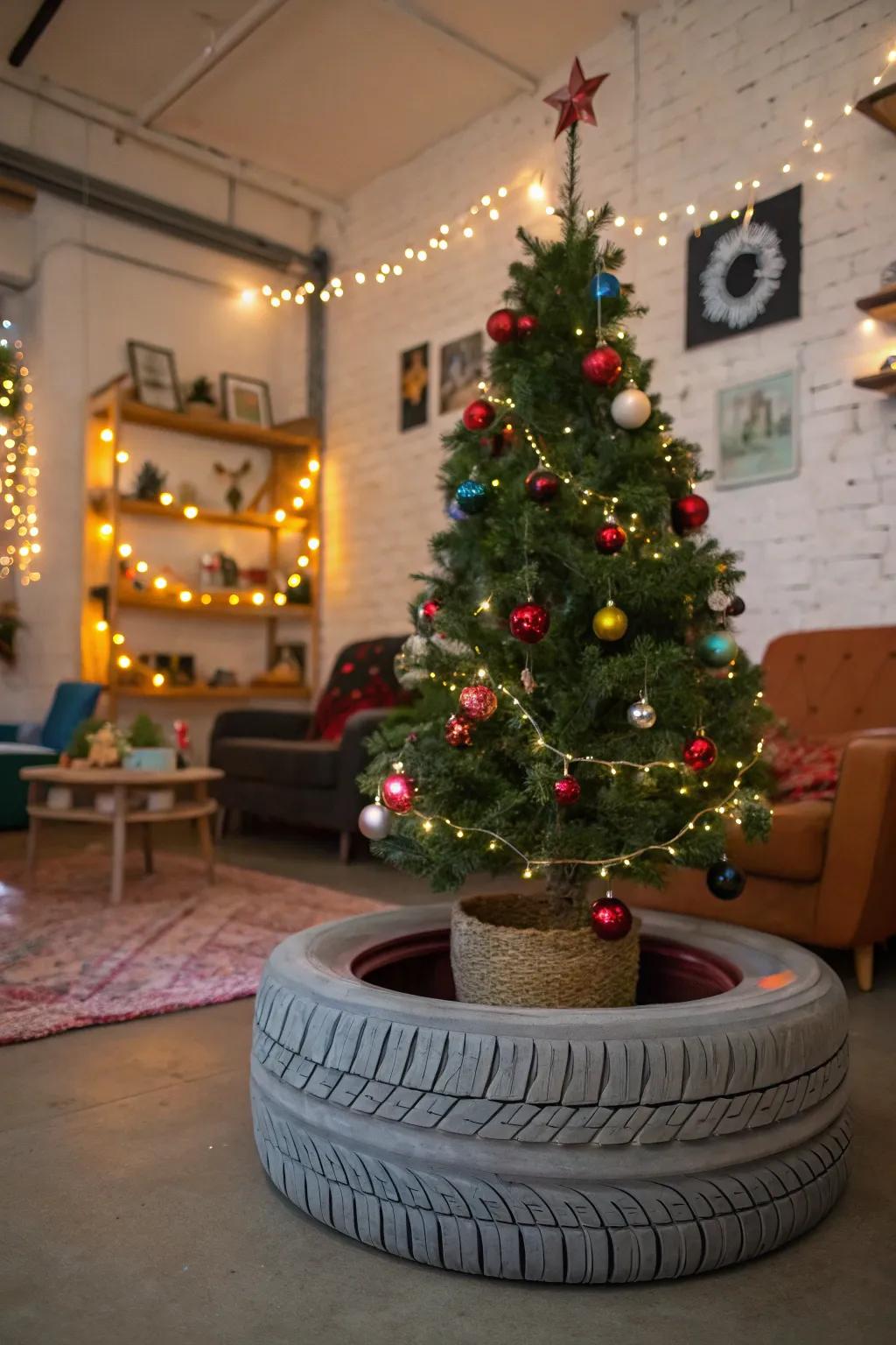 A reclaimed wheel covering imparts a quirky, industrial touch to your tree.
