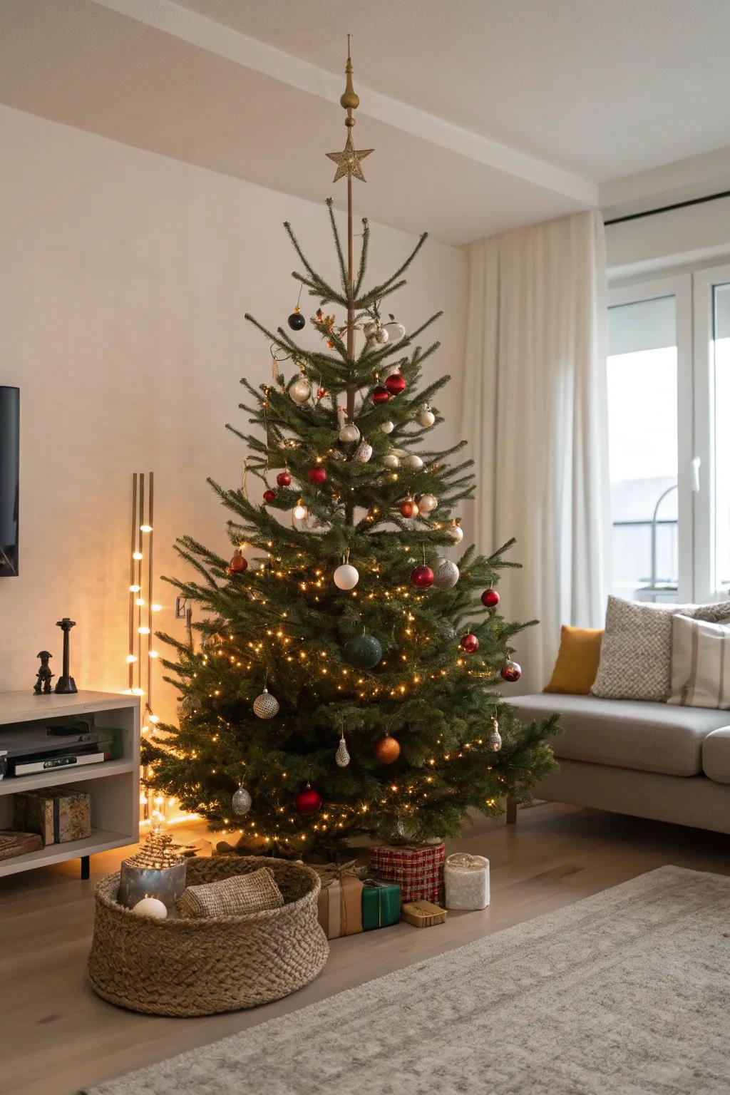 An elegant Christmas tree with minimalist decorations and colorful lights, showcasing the beauty of simplicity.