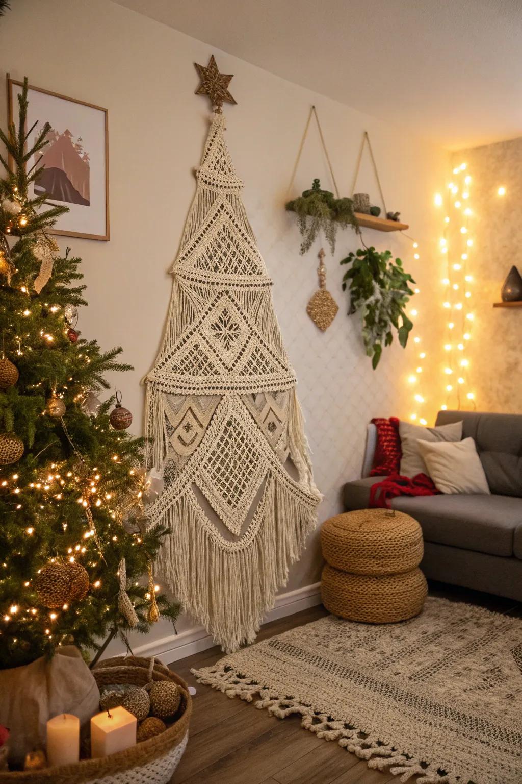 A vogue macramé tree injects a bohemian allure into the setting.