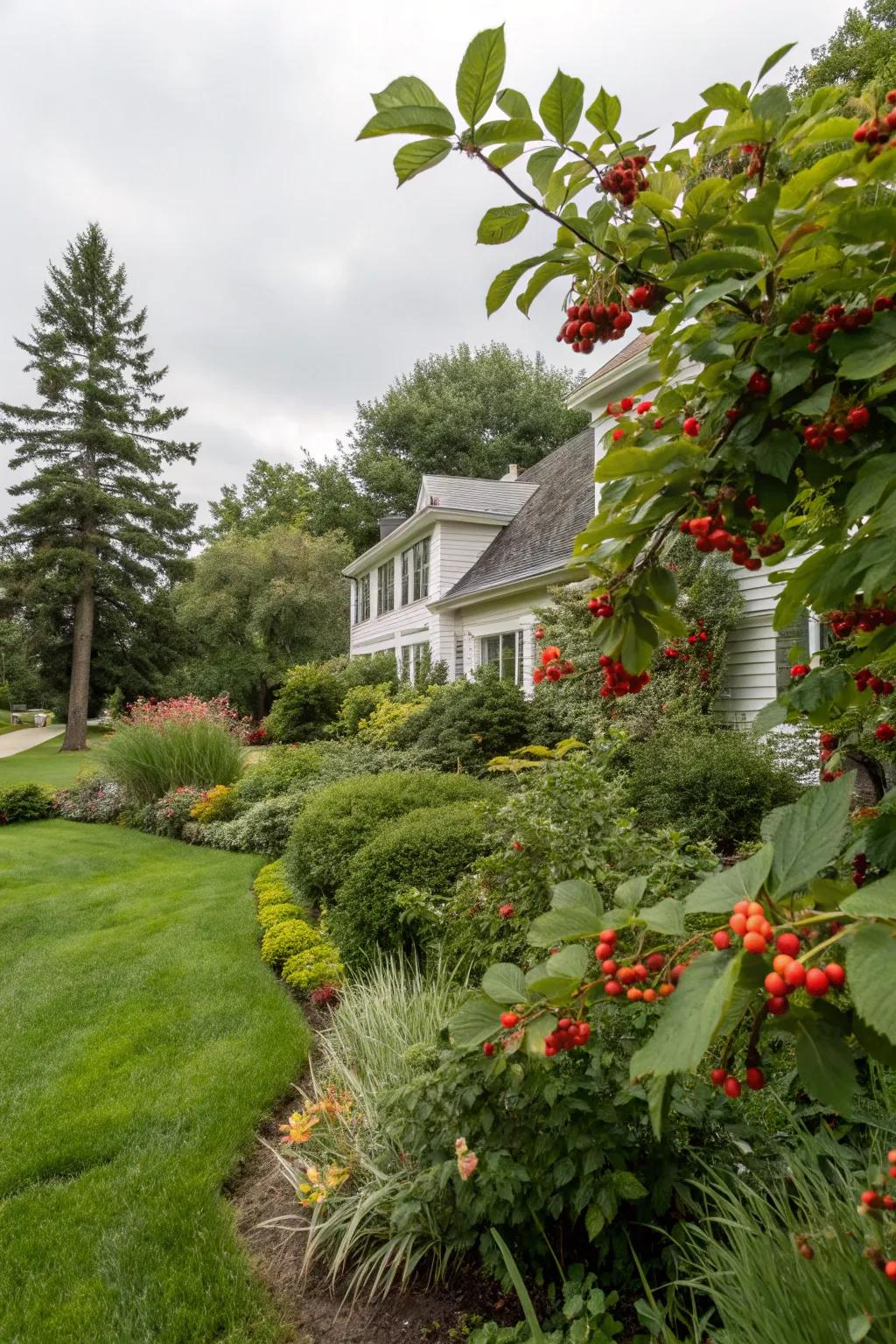 A yard featuring lush greenery and berry accents.
