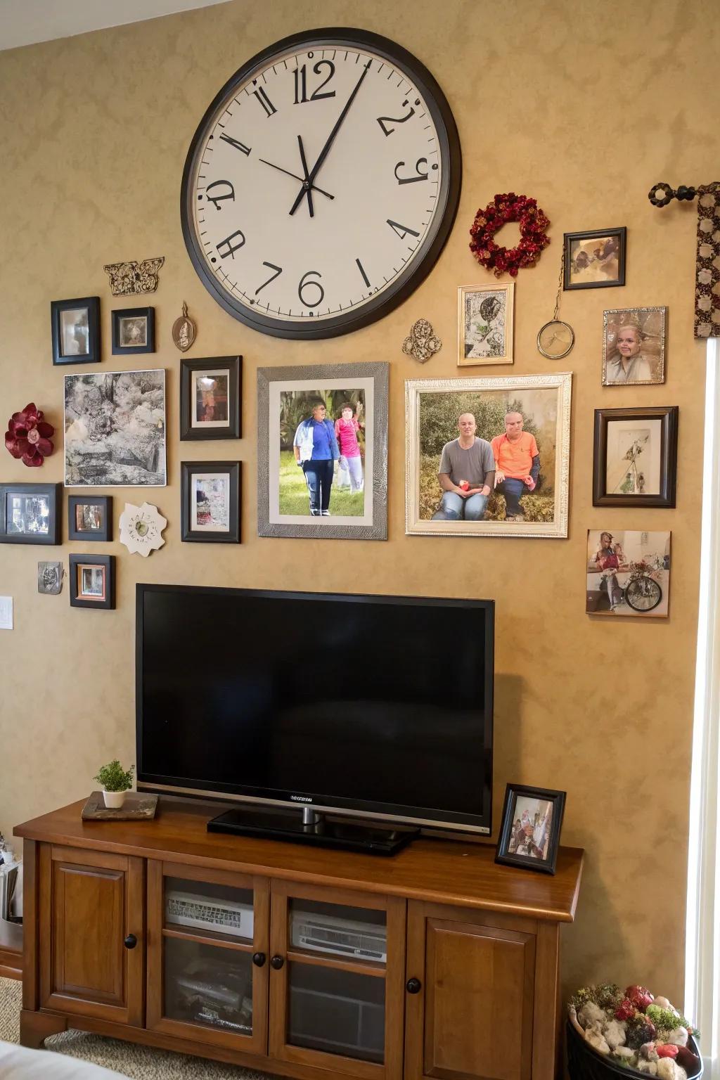 Familial portraiture supplements a personalized nuance to the television and timepiece configuration.