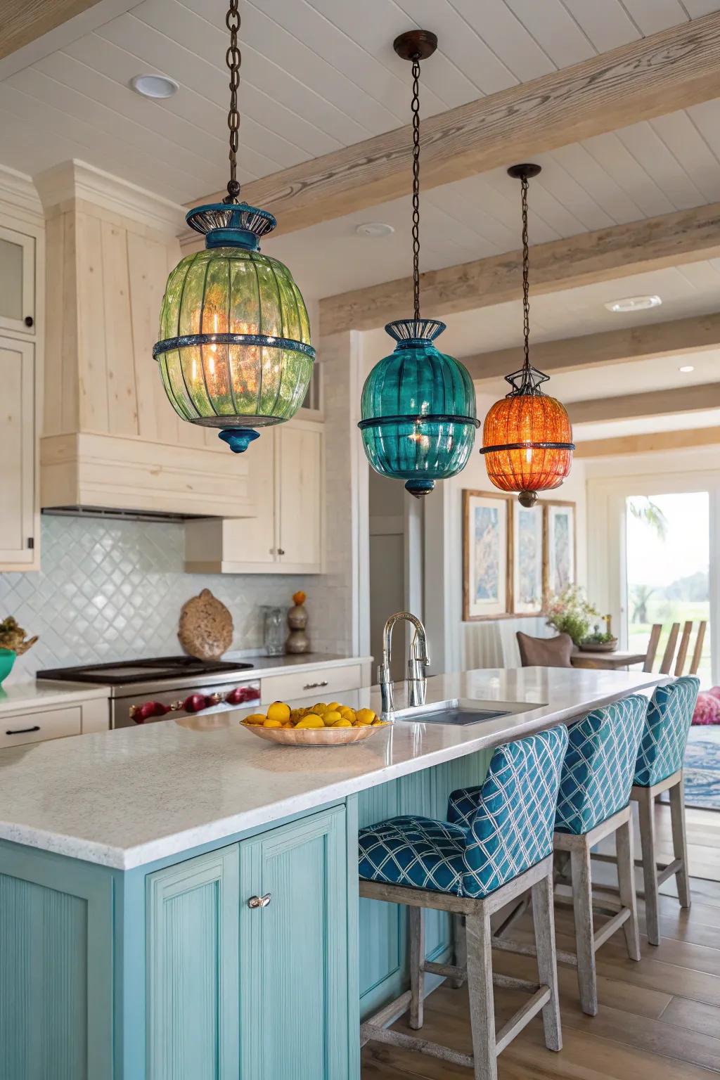 Vibrant glass pendants append a playful burst to your coastal kitchen.