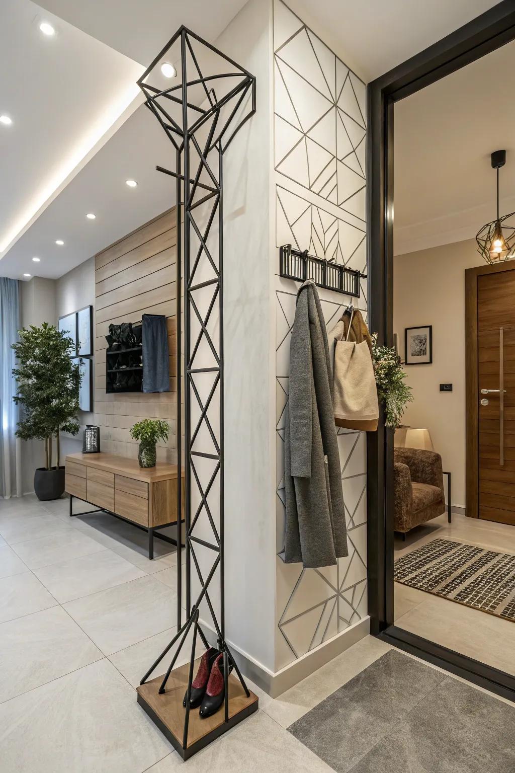 A coat rack featuring geometric patterns for a modern and stylish aesthetic.