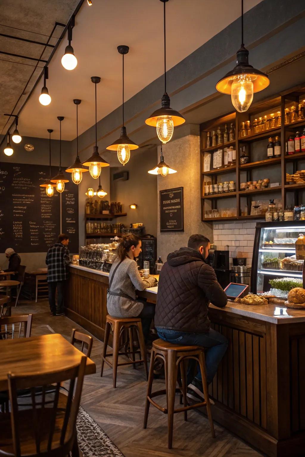 Pendant luminaires establish a snug coffee area ambiance.