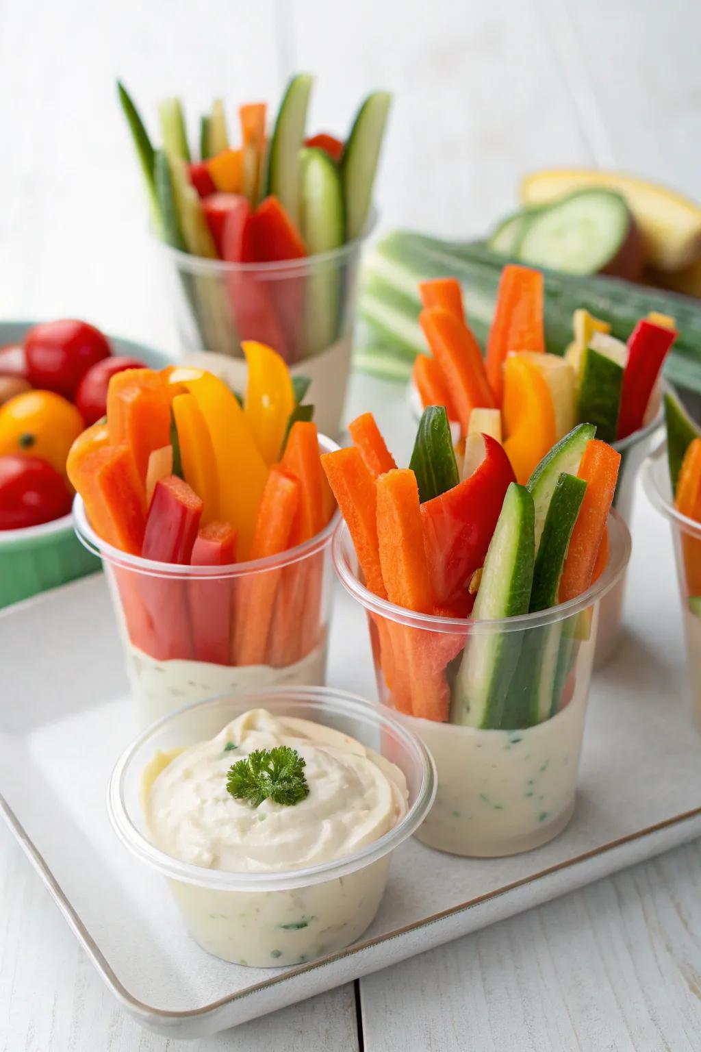 Colorful veggie glasses, a refreshing and healthy snack.