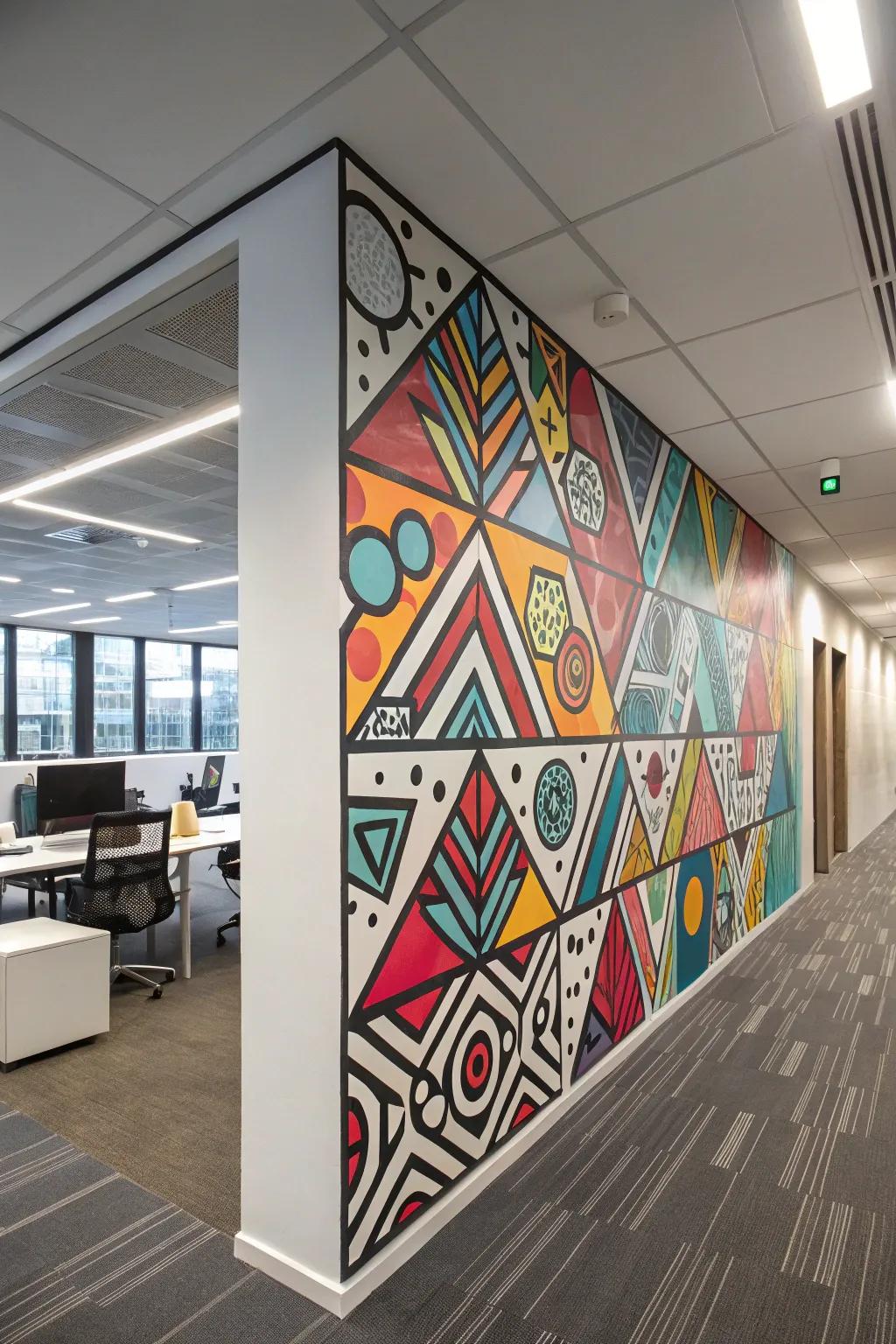 A modern office wall adorned with geometric graffiti shapes.