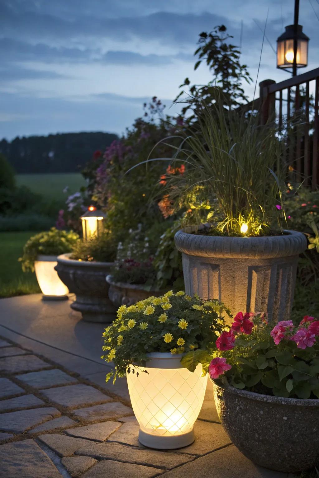 Garden containers lit up for an evening feel.