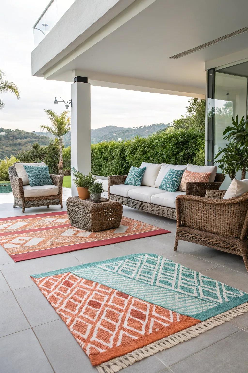 Outdoor coverings contributing warmth and defining areas on a patio.