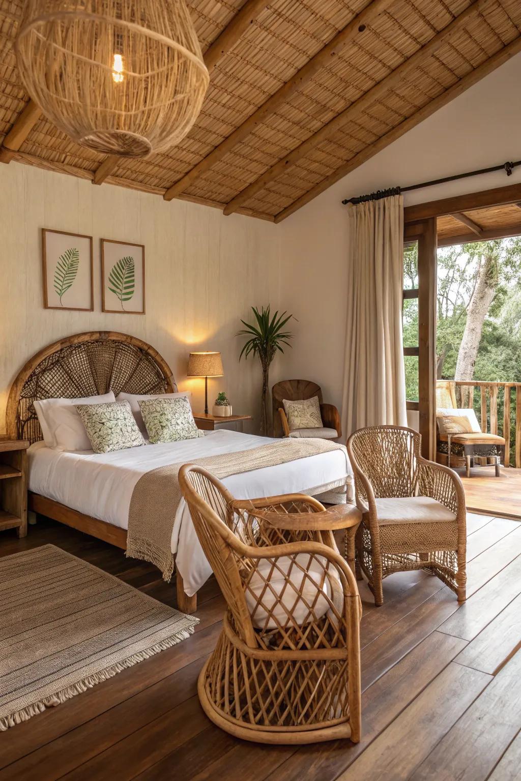 Natural textures incorporate warmth and natural splendor to the sleeping quarters.