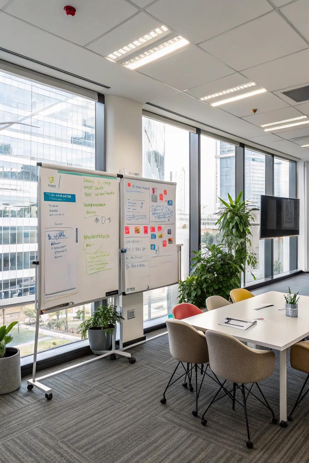 An office space with digital presentation boards for dynamic meetings.