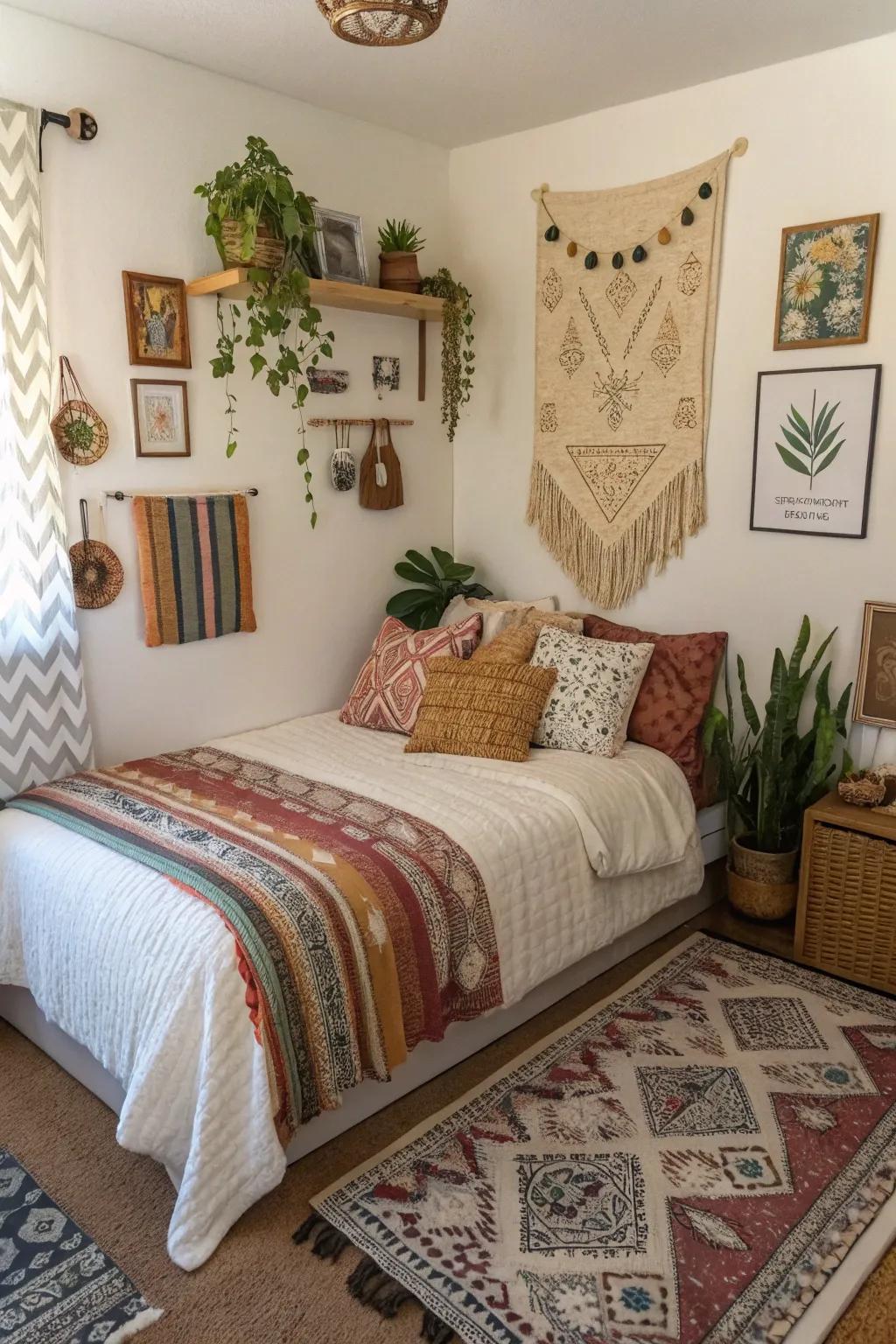 Bohemian decor brings a cozy and vibrant vibe to a corner bed.